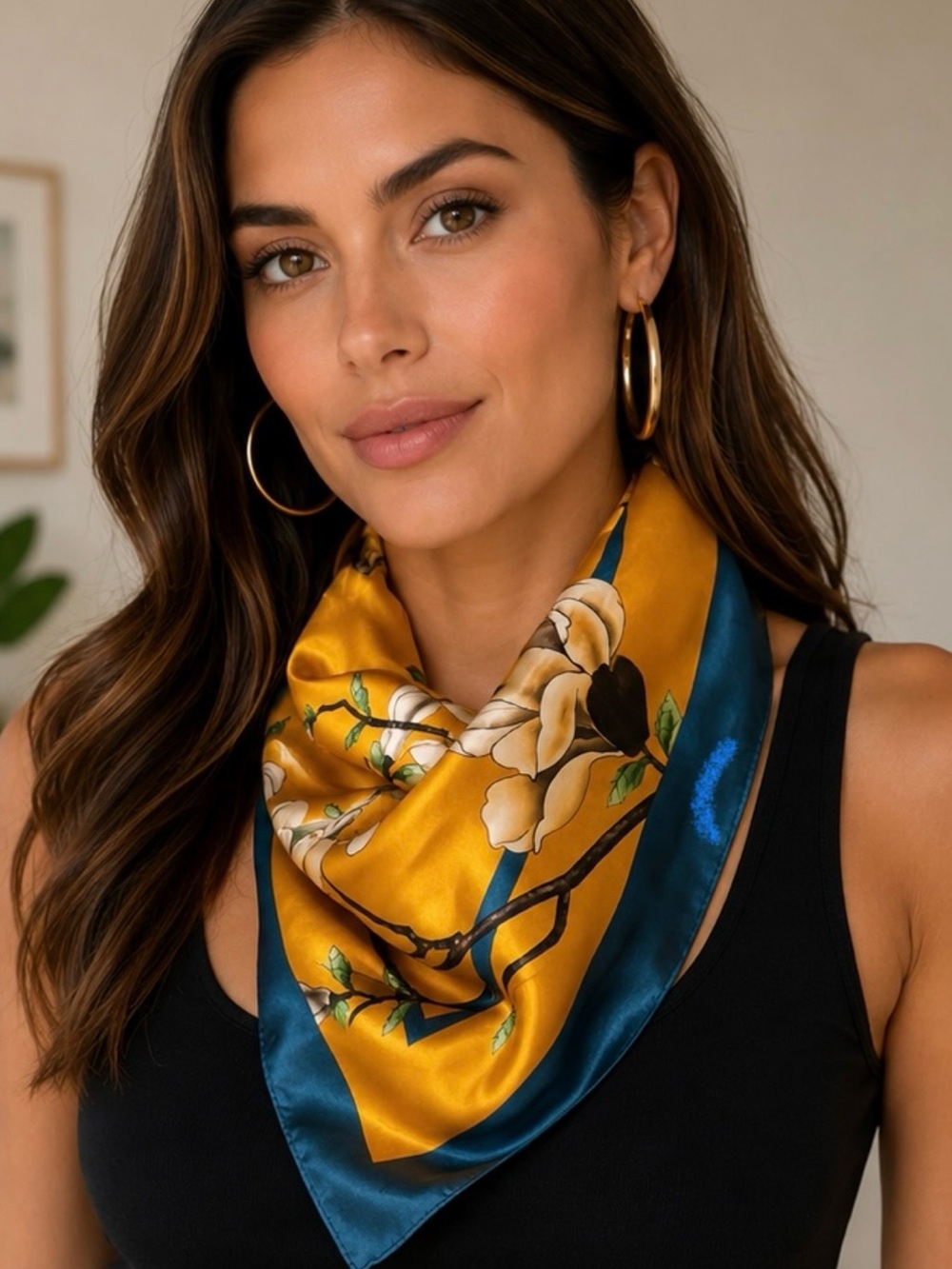 Silky Floral Satin Square Scarf in Mustard and Blue